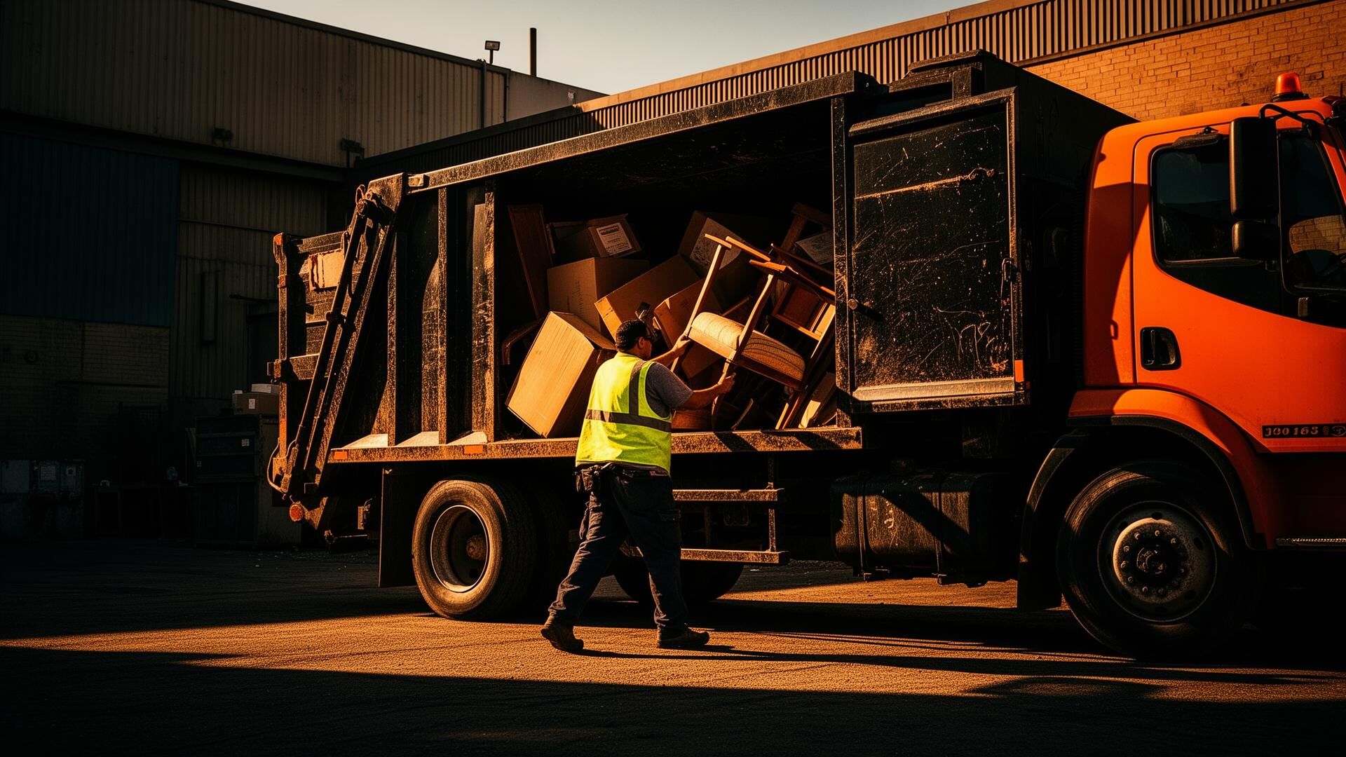 Junk removal crew loading furniture into a truck
